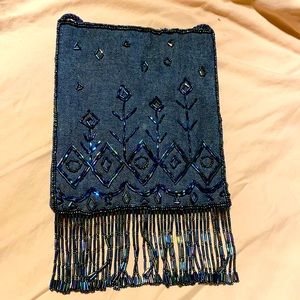 Comeco gorgeous vintage beaded mini bag, denim with lining, beaded fringe, NWNT